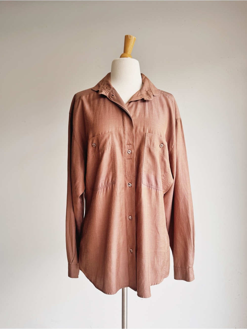 Vintage Otto Kern Silk Cotton Blend Taupe Hidden Placket Designer Blouse Large - Picture 2 of 9